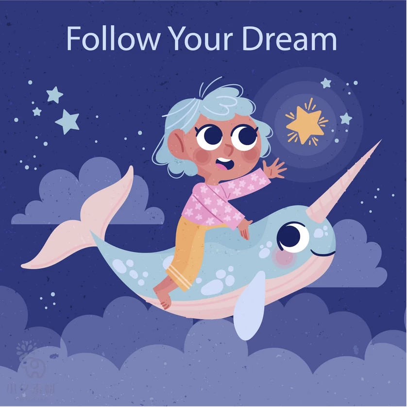 唯美梦幻创意卡通人物鲸鱼海豚夜景插画背景图案AI矢量设计素材【004】
